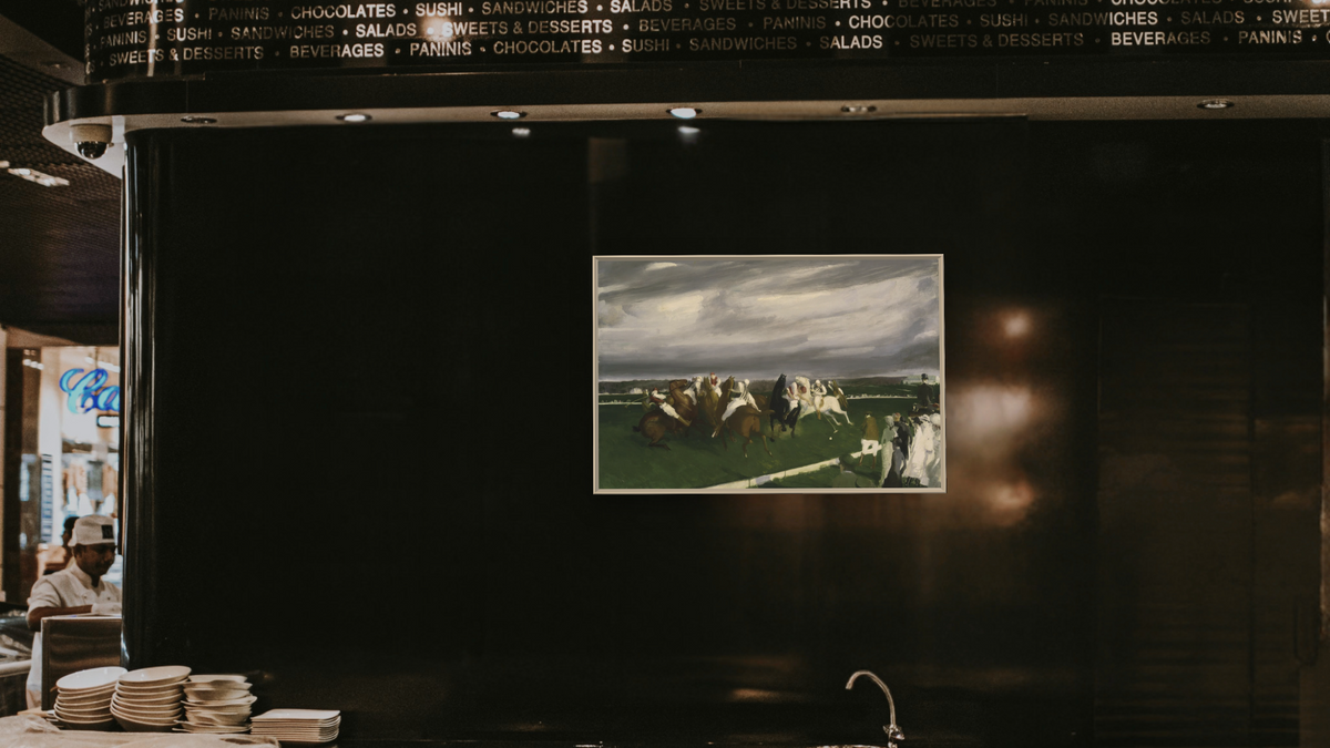 Polo at Lakewood by George Wesley Bellows, shown at 28 × 42 in (71.1 × 106.7 cm) on canvas in Ramino Opaque White, restaurant