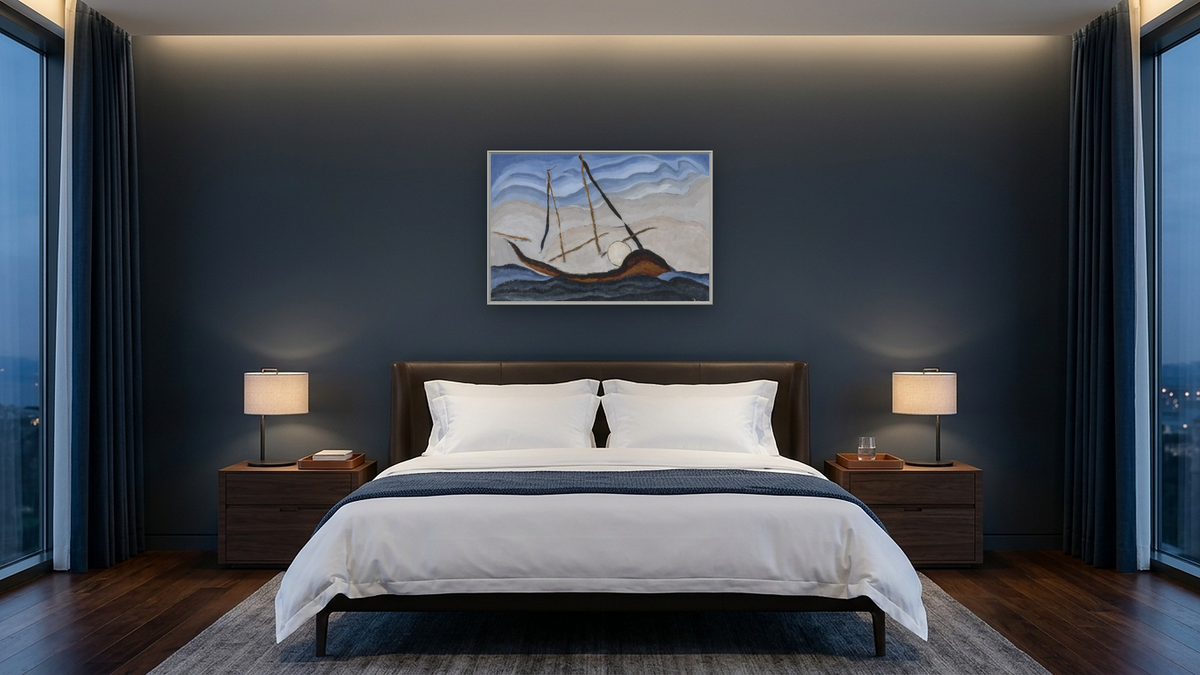 Boat Going Through Inlet by Arthur Dove, shown at 28 × 42 in (71.1 × 106.7 cm) on canvas in Ramino Opaque White, hotel guest room