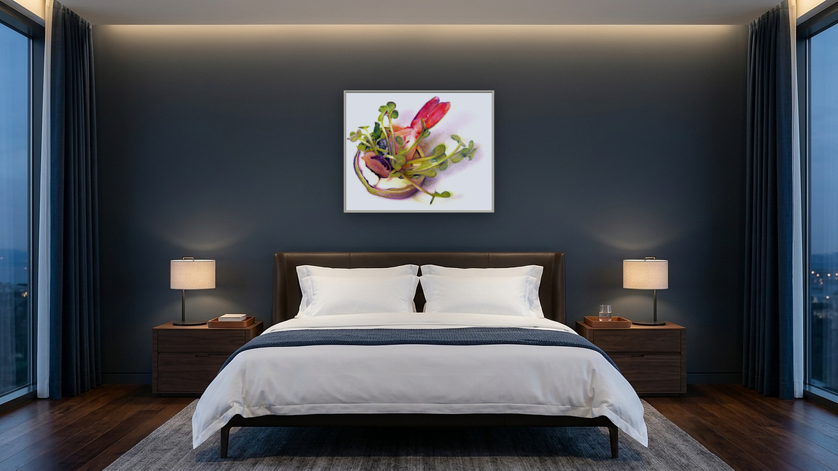Tofu Roll by Kirsten Söderlind, shown at 32 × 40 in (81.3 × 101.6 cm) on canvas in Ramino Opaque White, hotel guest room