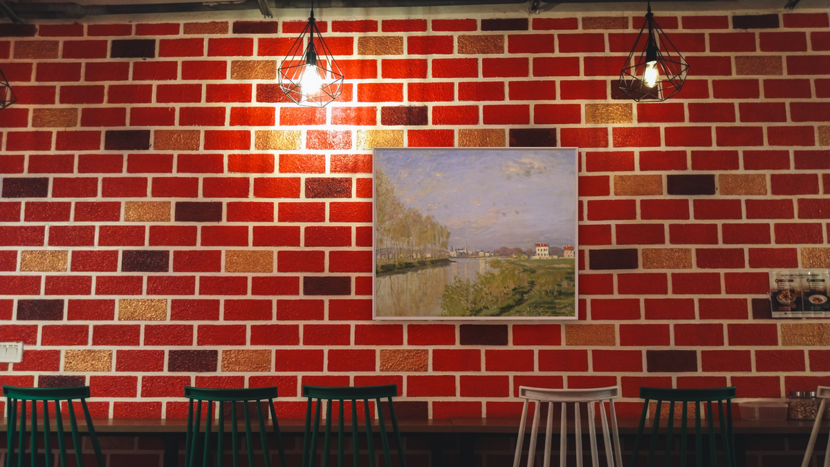 The Seine at Argenteuil by Claude Monet, shown at 32 × 40 in (81.3 × 101.6 cm) on canvas in Ramino Opaque White, restaurant