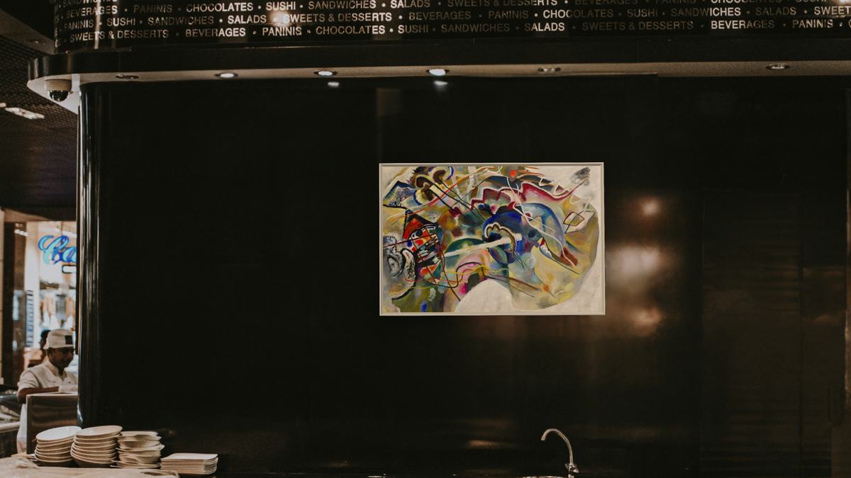 Painting with White Border, shown at 28 × 42 in (71.1 × 106.7 cm) on canvas in Ramino Opaque White, restaurant