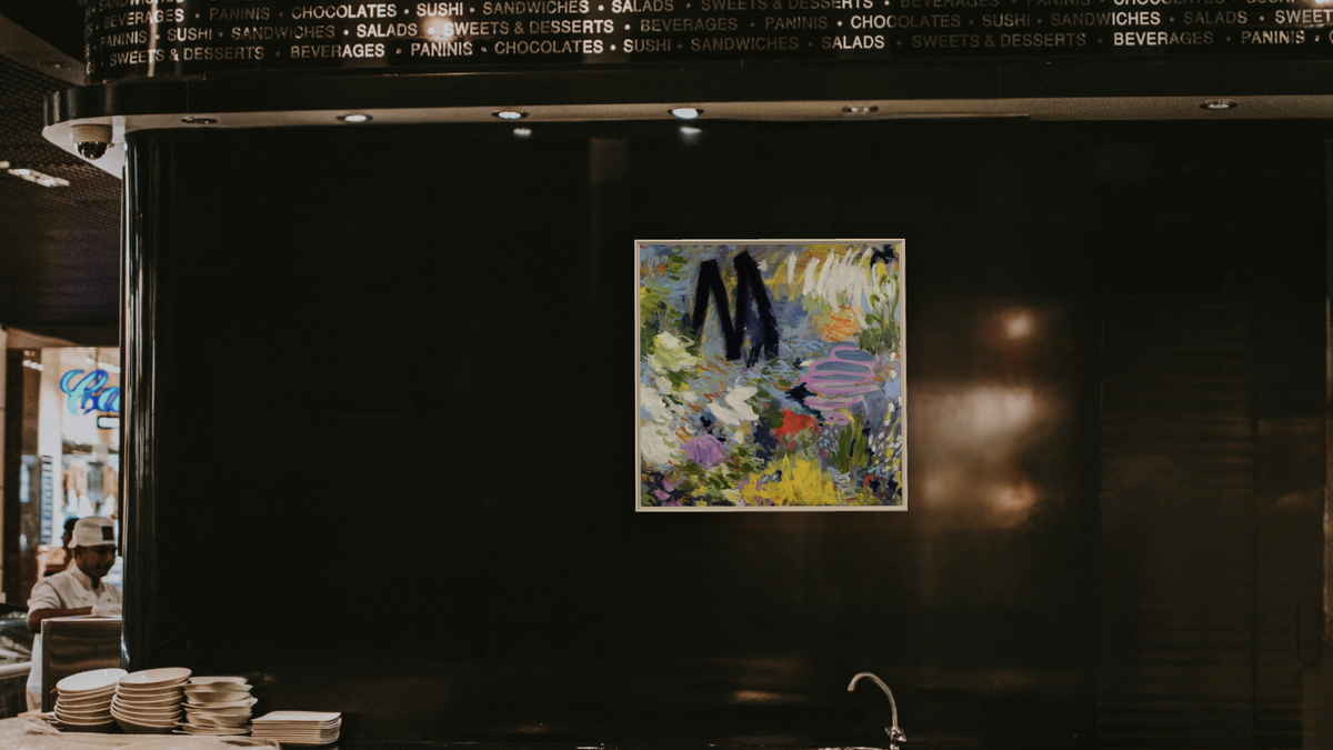 More is More by Katherine Bello, shown at 32 × 32 in (81.3 × 81.3 cm) on canvas in Ramino Opaque White, restaurant
