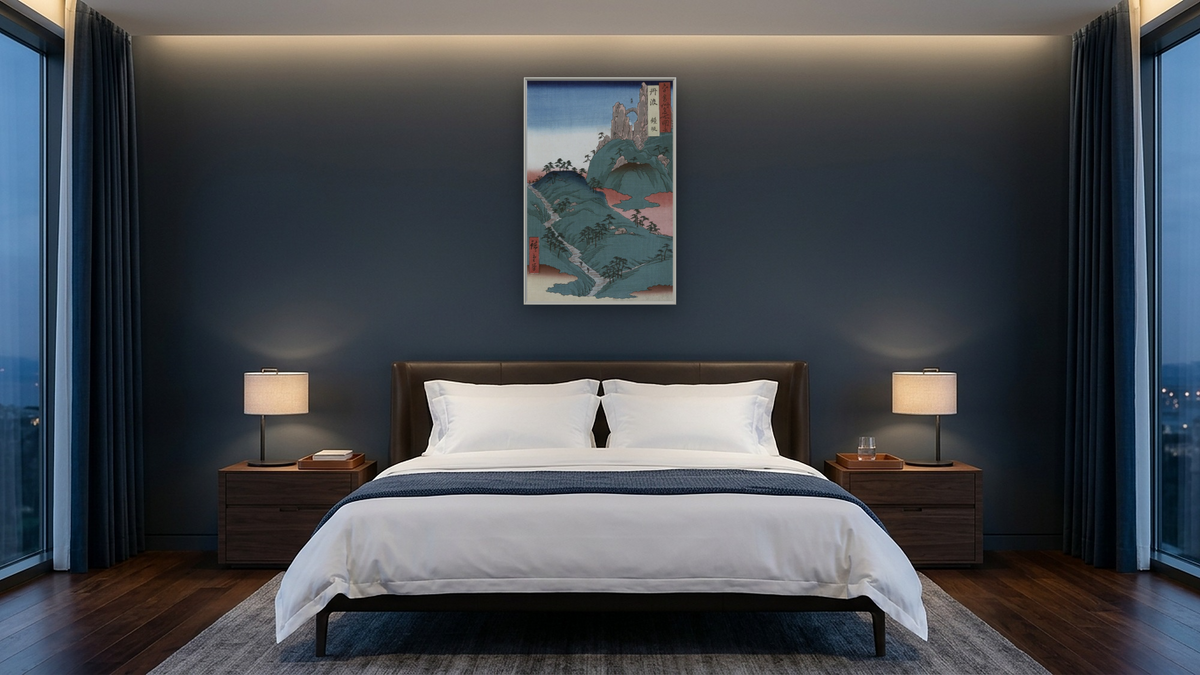 Kanesaka of Tanba by Ando Hiroshige II, shown at 28 × 42 in (71.1 × 106.7 cm) on canvas in Ramino Opaque White, hotel guest room