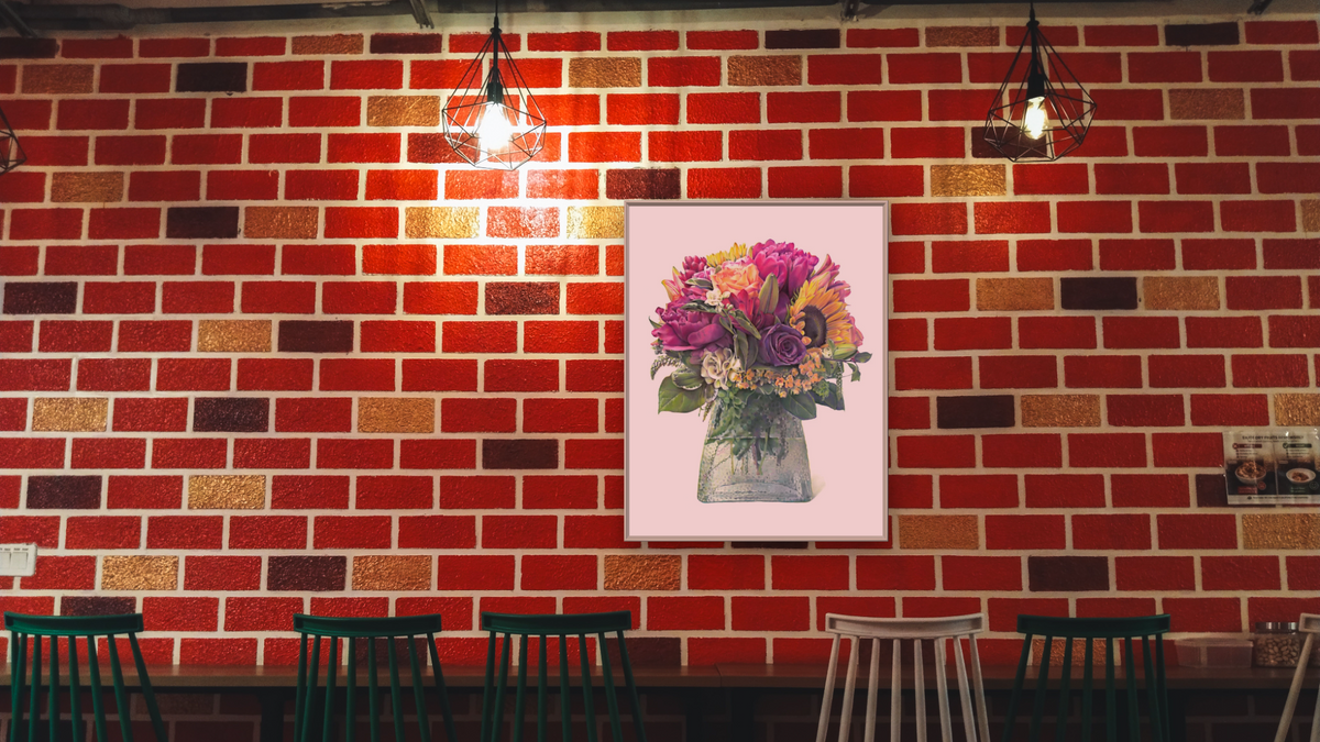 Ambrosia Bouquet by Kirsten Söderlind, shown at 32 × 40 in (81.3 × 101.6 cm) on canvas in Ramino Opaque White, restaurant