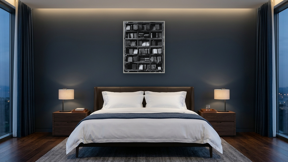 Die Library by Gordon Osmundson, shown at 32 × 40 in (81.3 × 101.6 cm) on canvas in Ramino Opaque White, hotel guest room