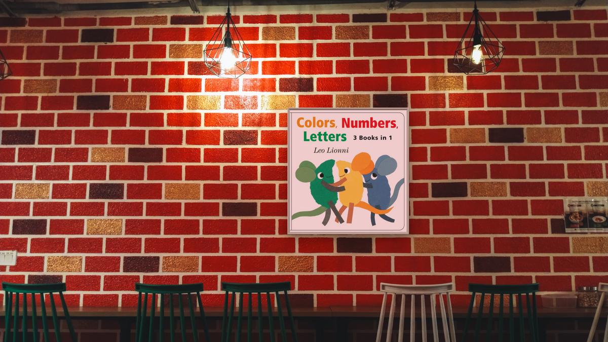 Colors, Numbers, Letters (cover) by Leo Lionni, shown at 32 × 32 in (81.3 × 81.3 cm) on canvas in Ramino Opaque White, restaurant