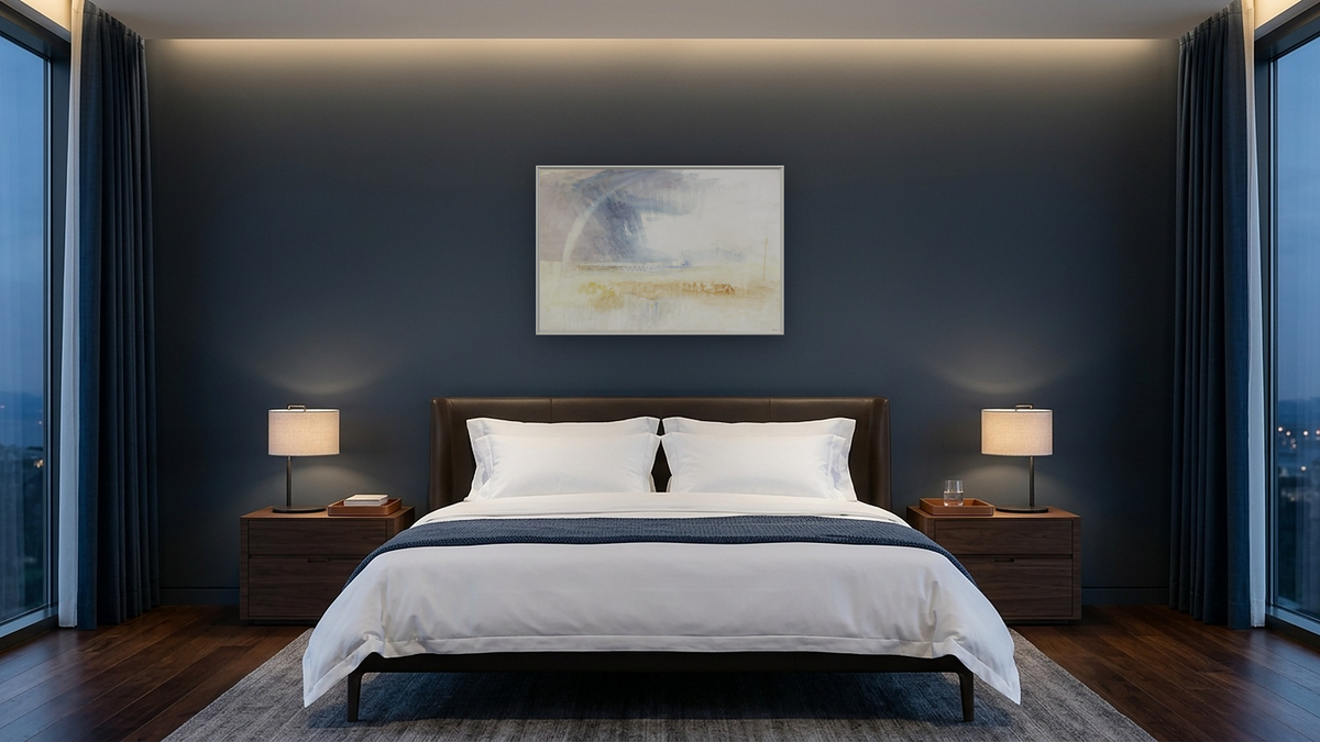 Rainbow among Purple and Blue Clouds by Joseph Mallord William Turner, shown at 28 × 42 in (71.1 × 106.7 cm) on canvas in Ramino Opaque White, hotel guest room