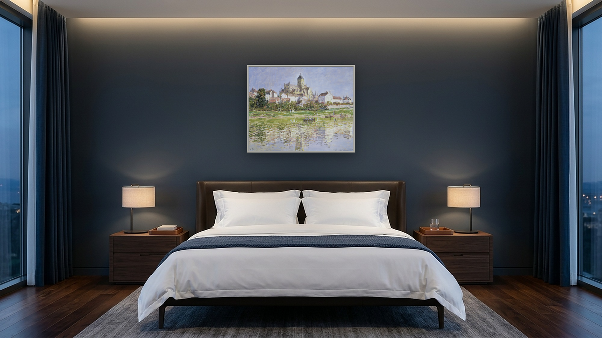 The Church at Vetheuil by Claude Monet, shown at 32 × 40 in (81.3 × 101.6 cm) on canvas in Ramino Opaque White, hotel guest room