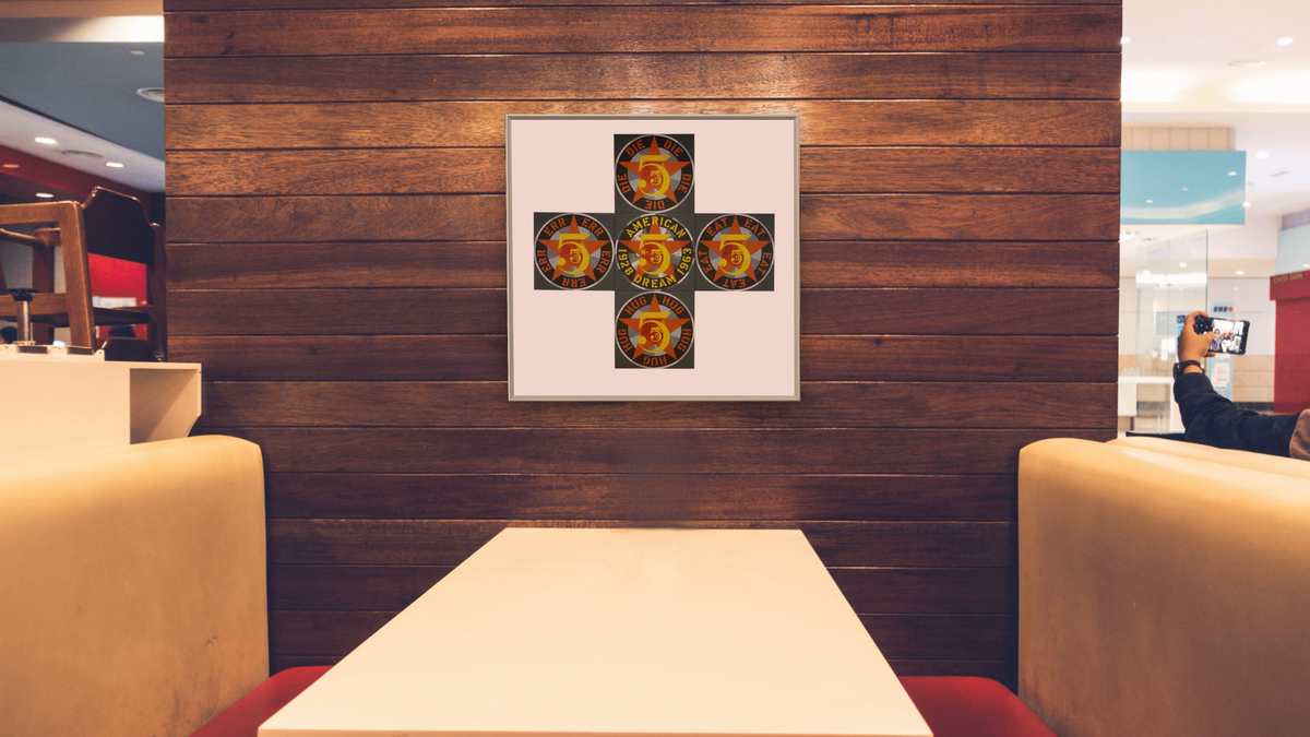 The Demuth American Dream No. 5 by Robert Indiana, shown at 32 × 32 in (81.3 × 81.3 cm) on canvas in Ramino Opaque White, restaurant