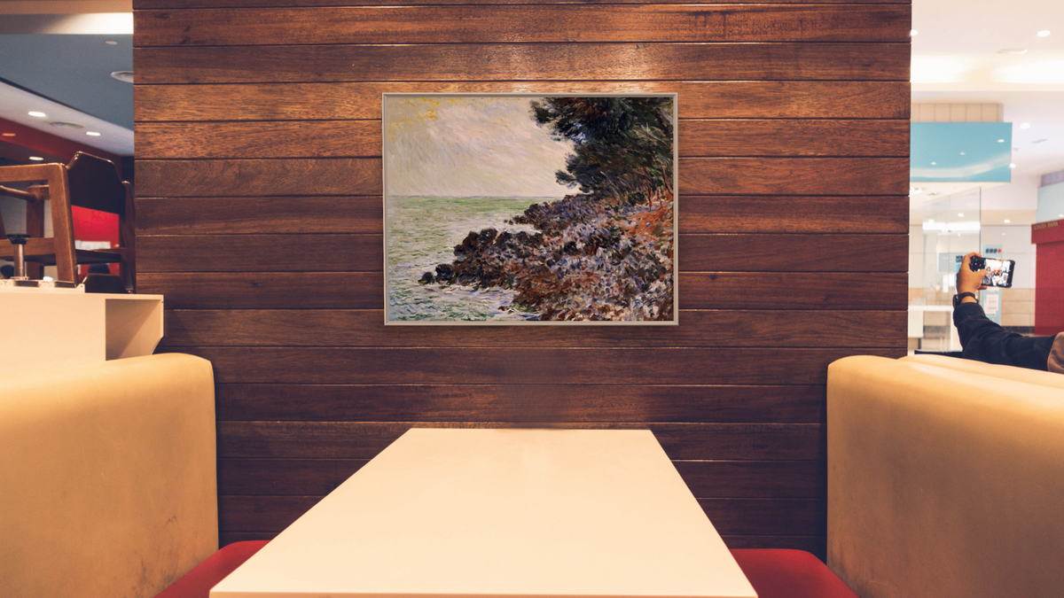 Cap Martin by Claude Monet, shown at 32 × 40 in (81.3 × 101.6 cm) on canvas in Ramino Opaque White, restaurant