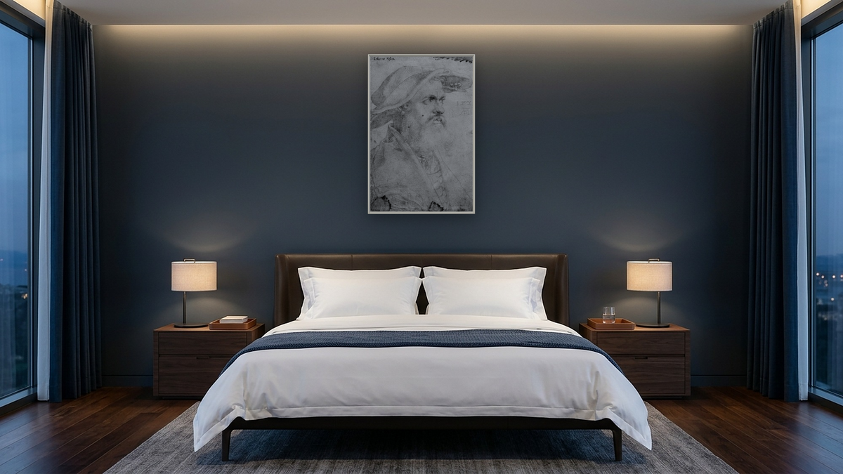 Helius Eobanus Hessus by Albrecht Dürer, shown at 28 × 42 in (71.1 × 106.7 cm) on canvas in Ramino Opaque White, hotel guest room