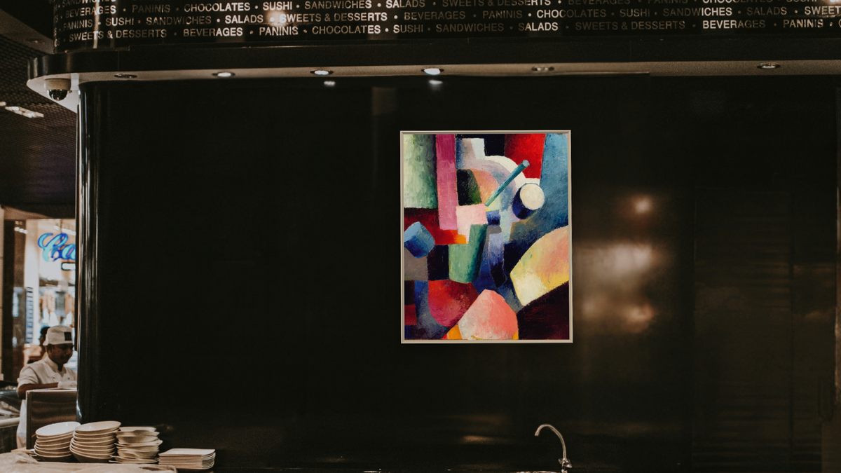 Colored Composition of Forms by August Macke, shown at 32 × 40 in (81.3 × 101.6 cm) on canvas in Ramino Opaque White, restaurant