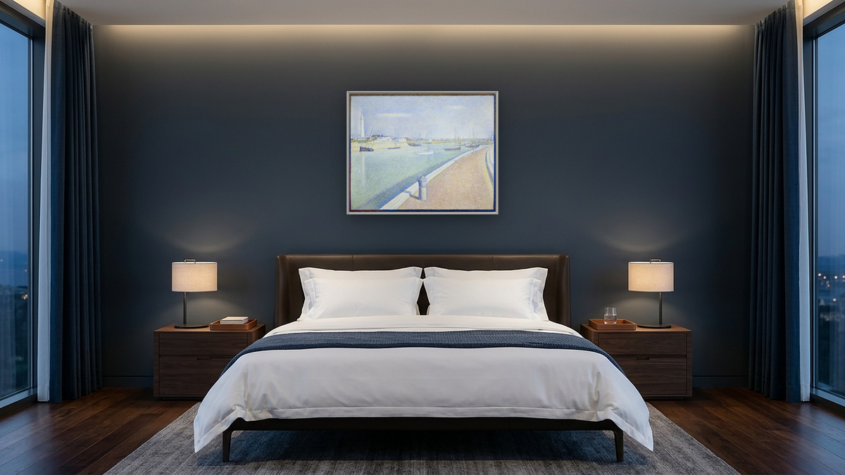 The Channel of Gravelines, Petit Fort Philippe by Georges Seurat, shown at 32 × 40 in (81.3 × 101.6 cm) on canvas in Ramino Opaque White, hotel guest room