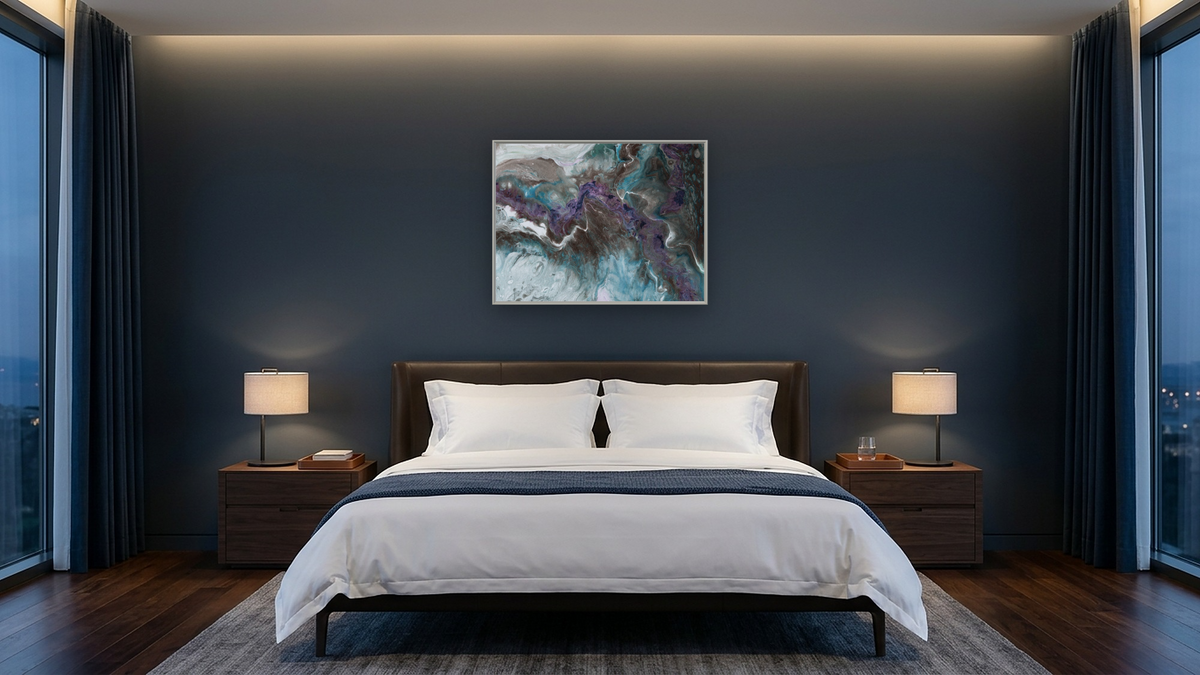 Wild River by Corrina Leidy, shown at 30 × 40 in (76.2 × 101.6 cm) on canvas in Ramino Opaque White, hotel guest room