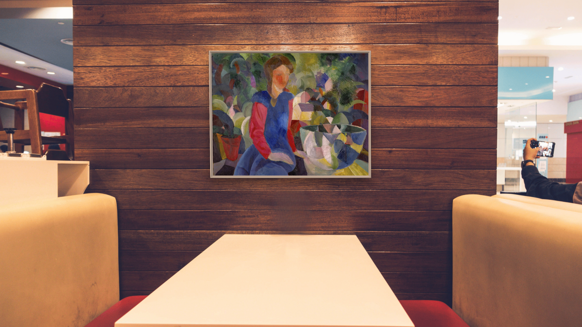 Woman with Fishbowl (Gemalde Madchen mit Fischglas) by August Macke, shown at 32 × 40 in (81.3 × 101.6 cm) on canvas in Ramino Opaque White, restaurant