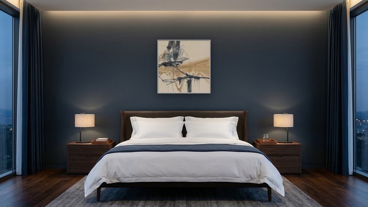 Leaving My Mark I by Kelly O'Neal, shown at 32 × 32 in (81.3 × 81.3 cm) on canvas in Ramino Opaque White, hotel guest room