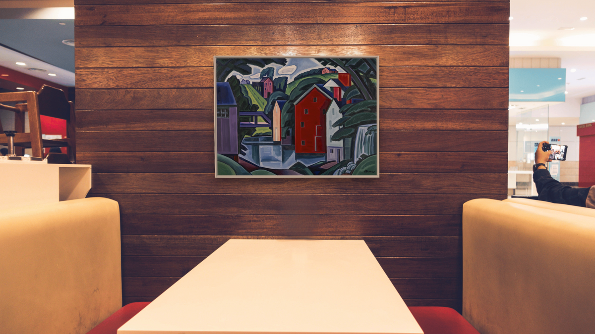 Motive of Space and Form by Oscar Bluemner, shown at 30 × 40 in (76.2 × 101.6 cm) on canvas in Ramino Opaque White, restaurant
