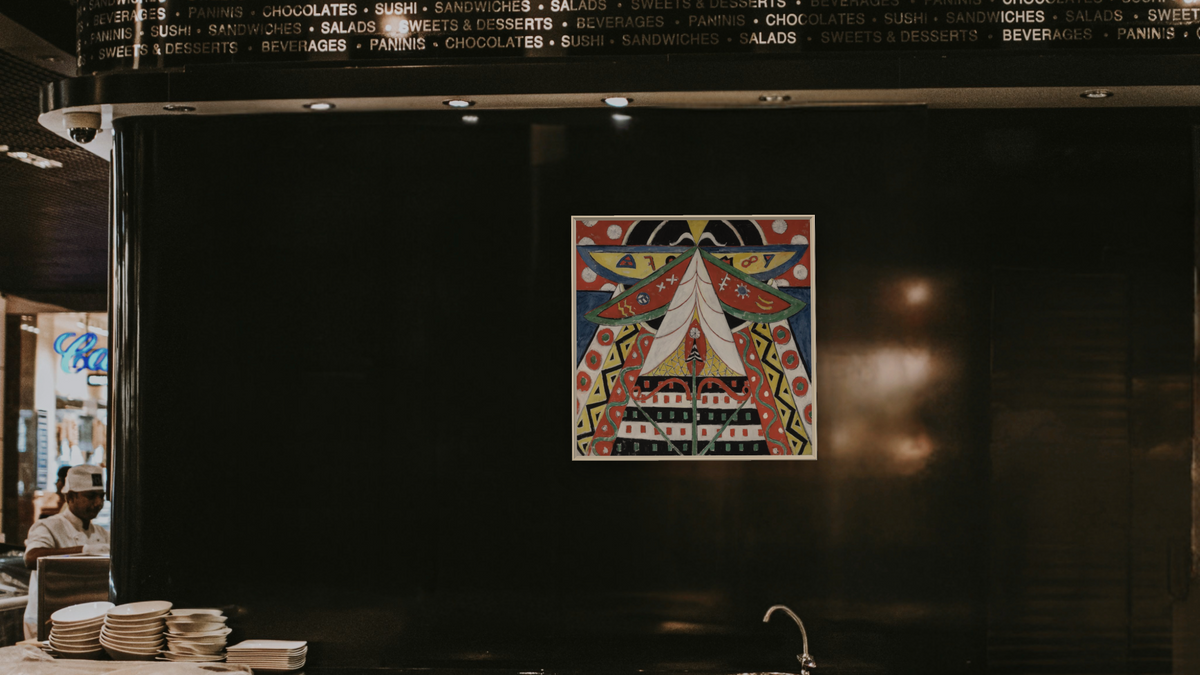 Painting No. 50 by Marsden Hartley, shown at 32 × 32 in (81.3 × 81.3 cm) on canvas in Ramino Opaque White, restaurant