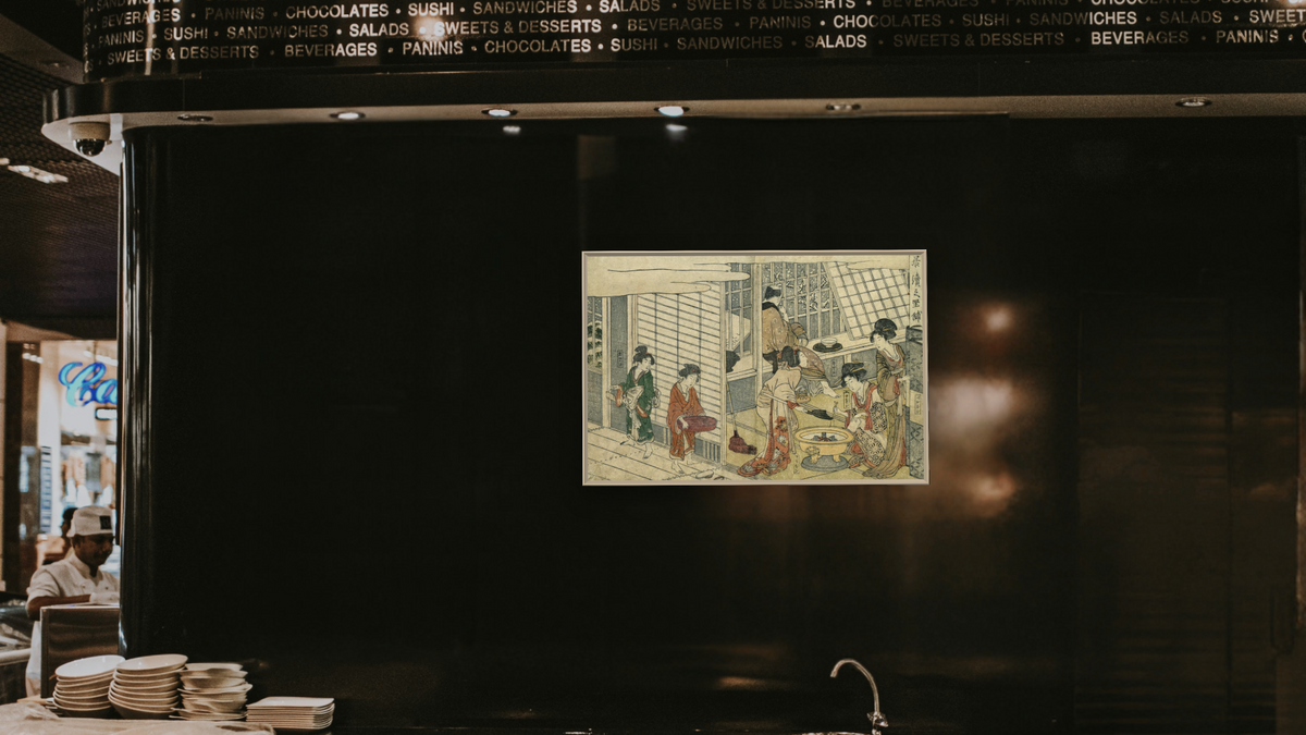 House of Ichizuke by Kitagawa Utamaro, shown at 28 × 42 in (71.1 × 106.7 cm) on canvas in Ramino Opaque White, restaurant