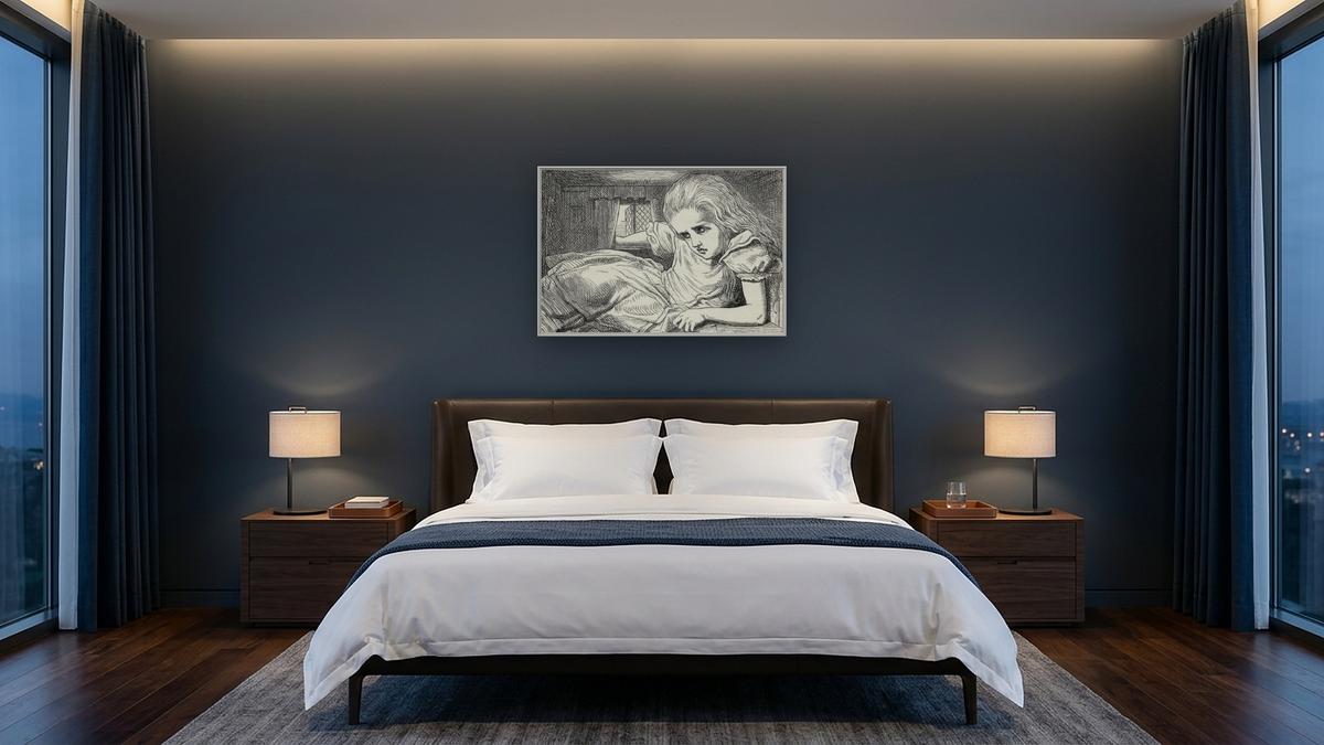 Alice grows too tall for the room, from 'Alice's Adventures in Wonderland' by Lewis Carroll by John Tenniel, shown at 28 × 42 in (71.1 × 106.7 cm) on canvas in Ramino Opaque White, hotel guest room