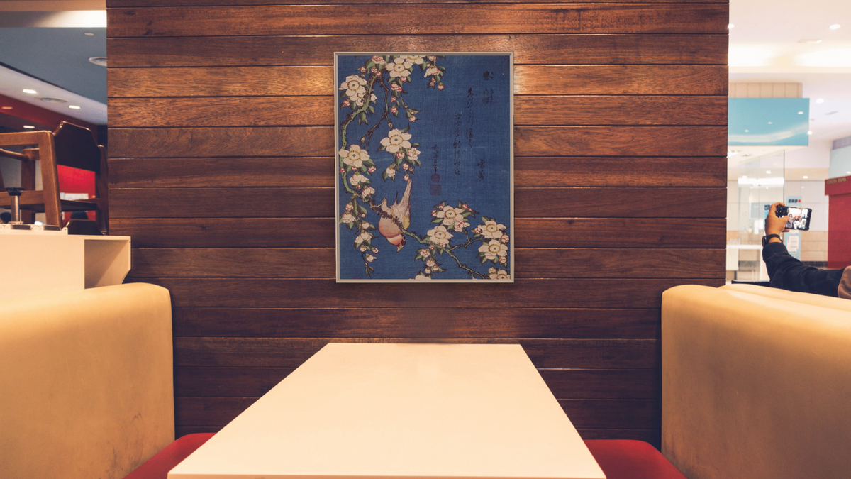Bullfinch and Weeping Cherry by Katsushika Hokusai, shown at 30 × 40 in (76.2 × 101.6 cm) on canvas in Ramino Opaque White, restaurant