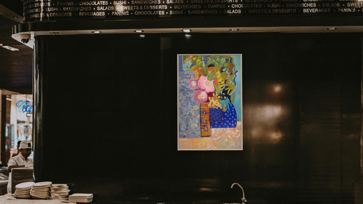 Full Bloom Peony by Diane Boone, shown at 28 × 42 in (71.1 × 106.7 cm) on canvas in Ramino Opaque White, restaurant