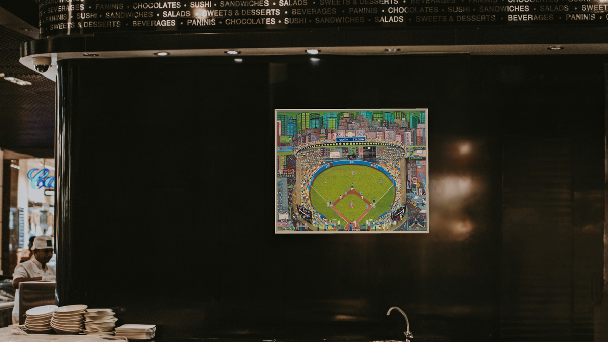 Night Game - Yankee Stadium by Ralph Fasanella, shown at 32 × 40 in (81.3 × 101.6 cm) on canvas in Ramino Opaque White, restaurant