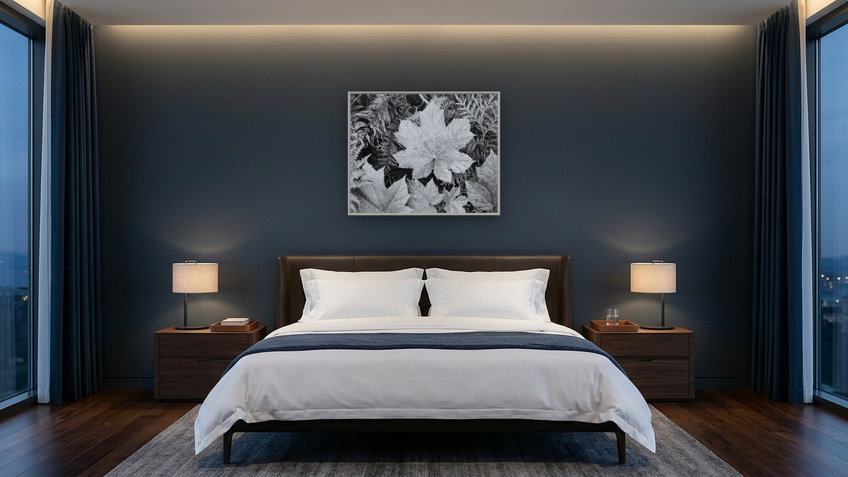 In Glacier National Park by Ansel Adams, shown at 32 × 40 in (81.3 × 101.6 cm) on canvas in Ramino Opaque White, hotel guest room