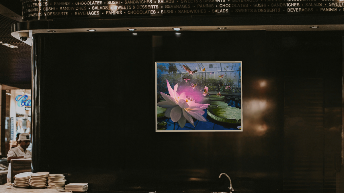 Courtship Behavior by Alexis Rockman, shown at 32 × 40 in (81.3 × 101.6 cm) on canvas in Ramino Opaque White, restaurant