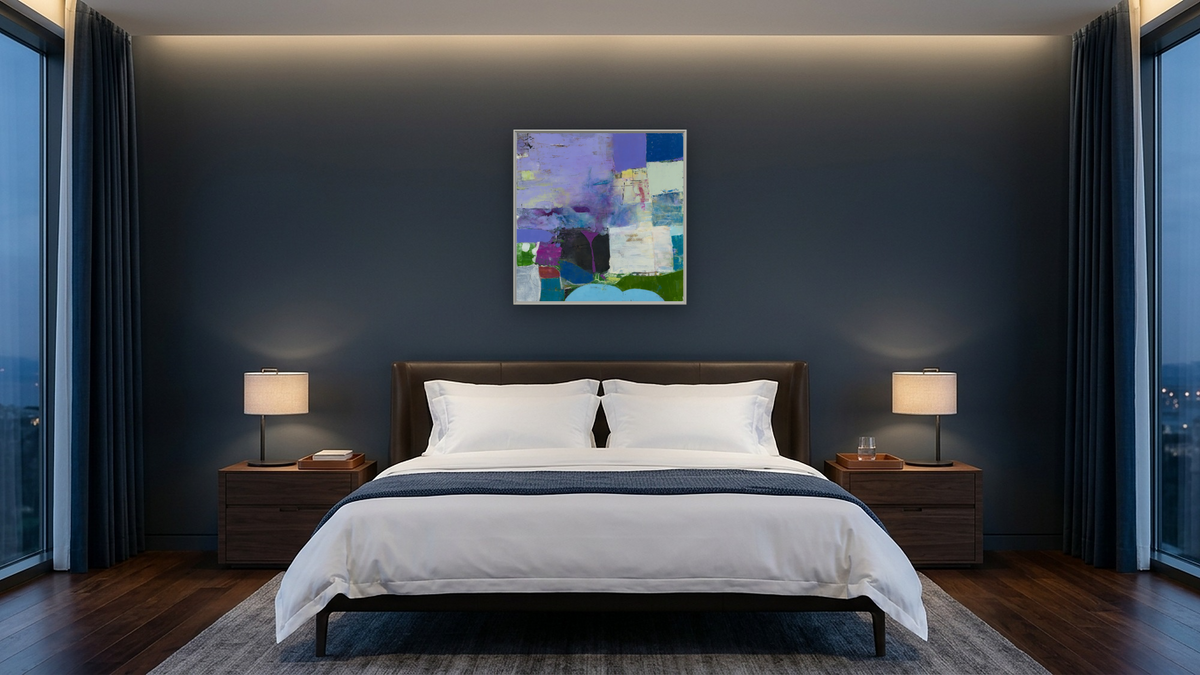 Morning Mist by Louise Gaskill, shown at 32 × 32 in (81.3 × 81.3 cm) on canvas in Ramino Opaque White, hotel guest room
