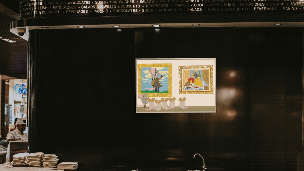 Matthew's Dream IV by Leo Lionni, shown at 28 × 42 in (71.1 × 106.7 cm) on canvas in Ramino Opaque White, restaurant