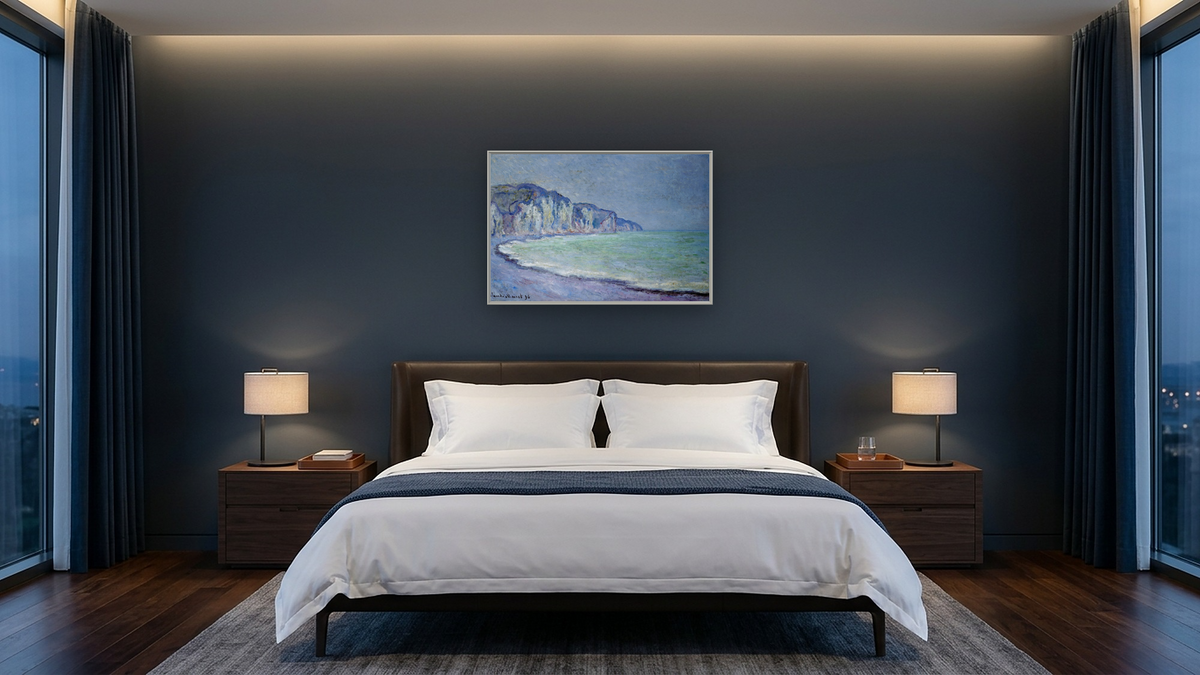 Cliffs at Pourville by Claude Monet, shown at 28 × 42 in (71.1 × 106.7 cm) on canvas in Ramino Opaque White, hotel guest room