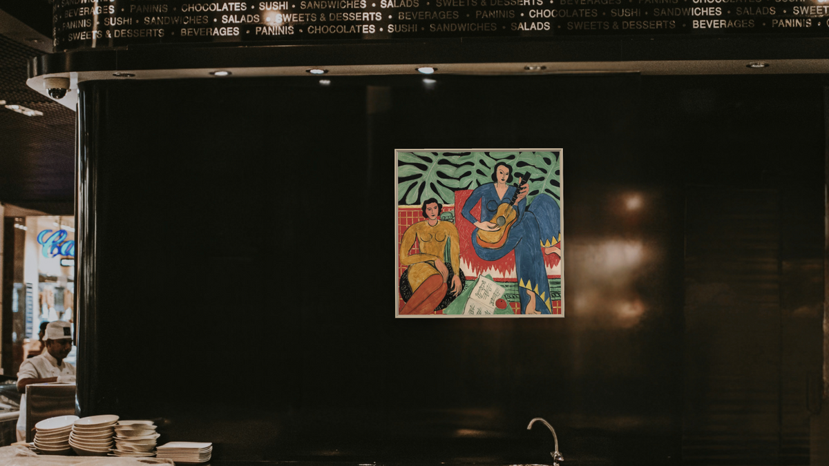 La Musique by Henri Matisse, shown at 32 × 32 in (81.3 × 81.3 cm) on canvas in Ramino Opaque White, restaurant