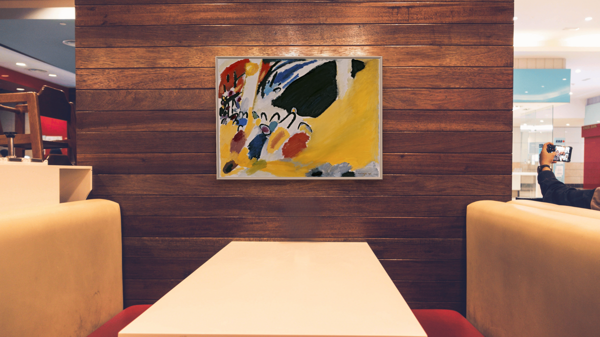 Impression III (Concert) by Wassily Kandinsky, shown at 30 × 40 in (76.2 × 101.6 cm) on canvas in Ramino Opaque White, restaurant