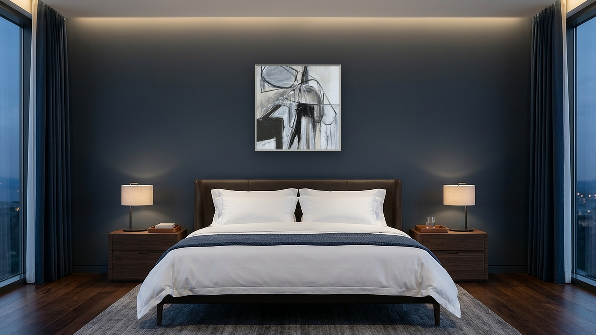 Motion Signals by Kelly O'Neal, shown at 32 × 32 in (81.3 × 81.3 cm) on canvas in Ramino Opaque White, hotel guest room