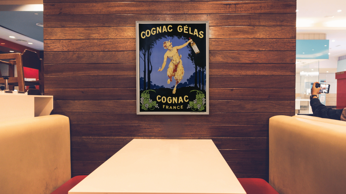 Cognac Gelas Poster, shown at 30 × 40 in (76.2 × 101.6 cm) on canvas in Ramino Opaque White, restaurant