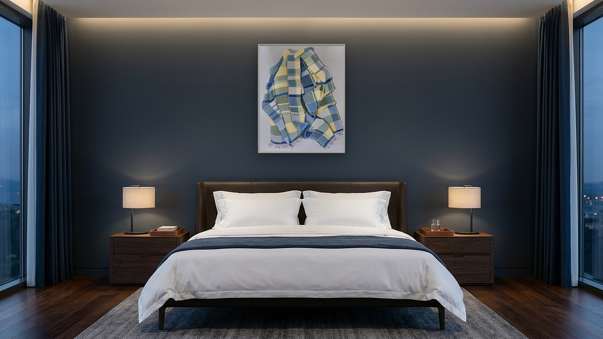 A Day In July by Catherine Gerke, shown at 32 × 40 in (81.3 × 101.6 cm) on canvas in Ramino Opaque White, hotel guest room