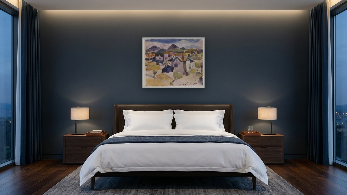 View of Saint Germain by Paul Klee, shown at 32 × 40 in (81.3 × 101.6 cm) on canvas in Ramino Opaque White, hotel guest room