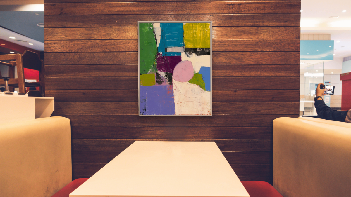 Shapes by Louise Gaskill, shown at 30 × 40 in (76.2 × 101.6 cm) on canvas in Ramino Opaque White, restaurant