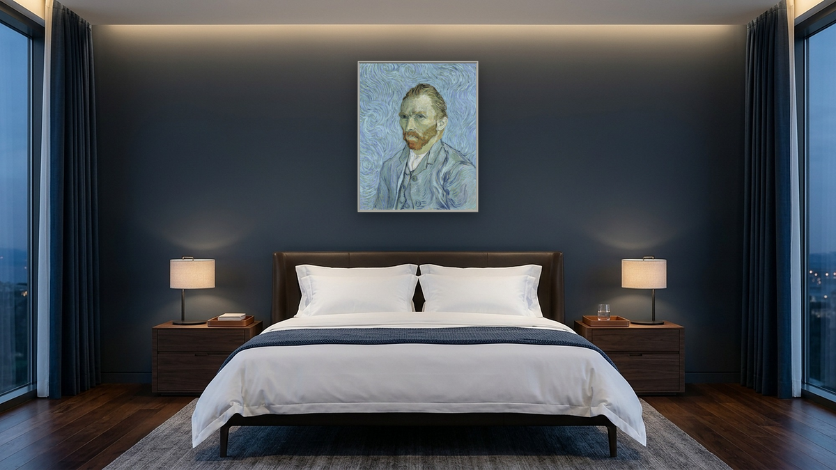 Self portrait by Vincent van Gogh, shown at 32 × 40 in (81.3 × 101.6 cm) on canvas in Ramino Opaque White, hotel guest room