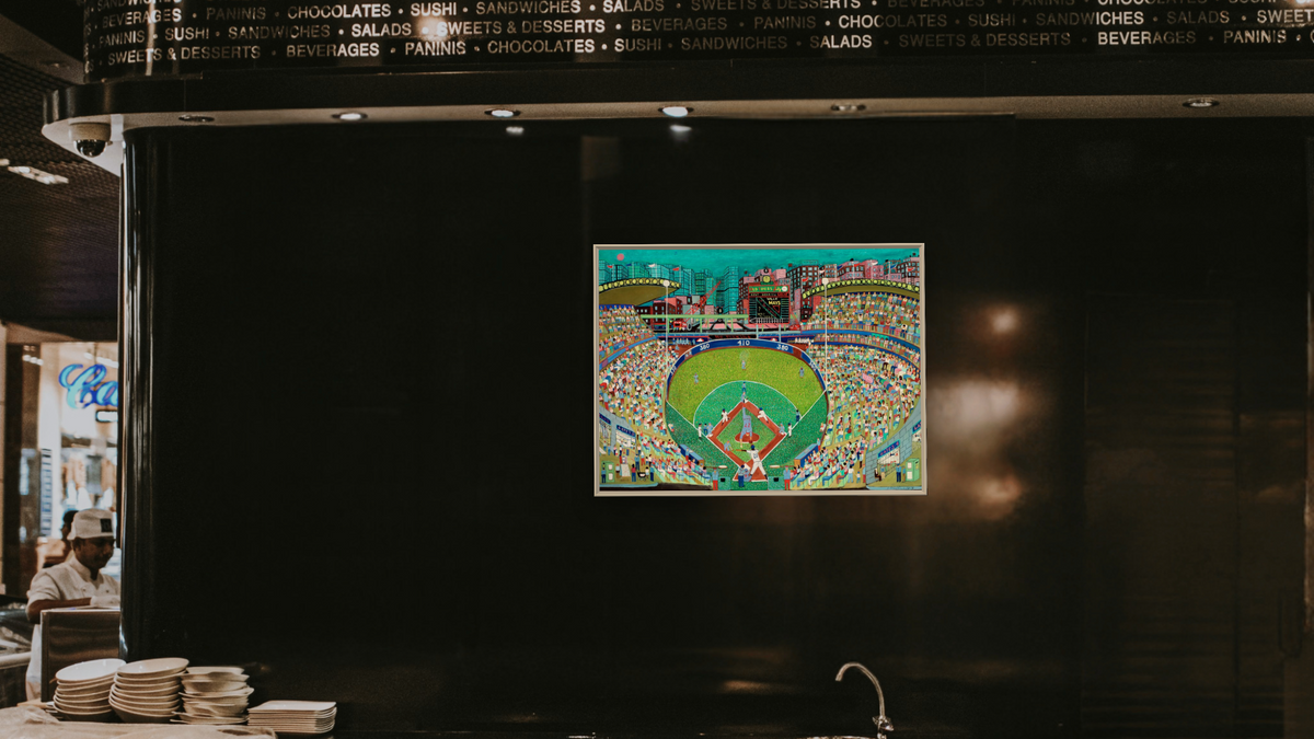 Night Game - 'Tis a Bunt by Ralph Fasanella, shown at 30 × 40 in (76.2 × 101.6 cm) on canvas in Ramino Opaque White, restaurant