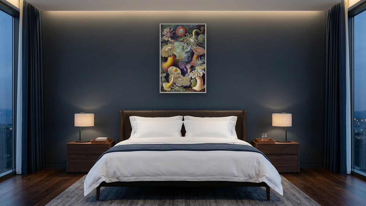 Illustration of Actiniae by Ernst Haeckel, shown at 28 × 42 in (71.1 × 106.7 cm) on canvas in Ramino Opaque White, hotel guest room