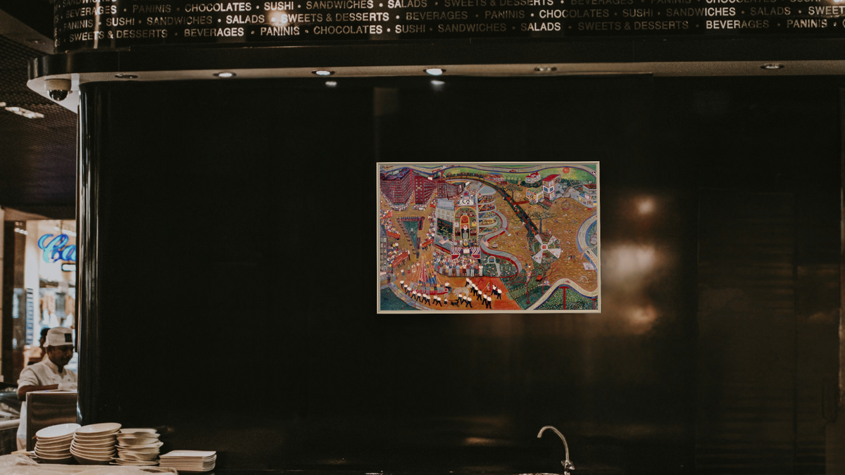 May Day by Ralph Fasanella, shown at 28 × 42 in (71.1 × 106.7 cm) on canvas in Ramino Opaque White, restaurant