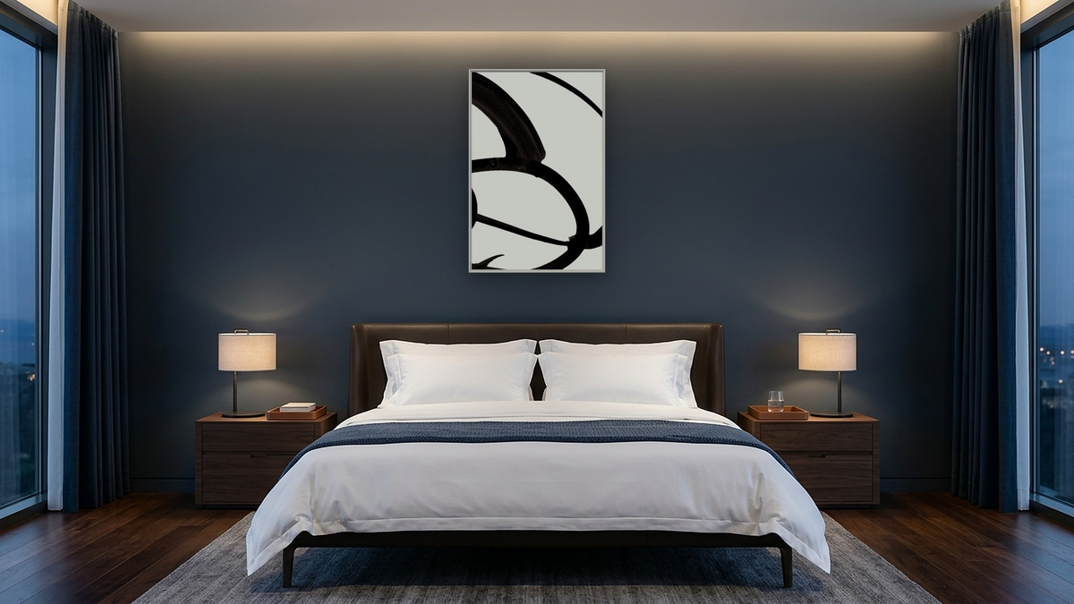 Mono Brush 1 by Dan Hobday, shown at 28 × 42 in (71.1 × 106.7 cm) on canvas in Ramino Opaque White, hotel guest room