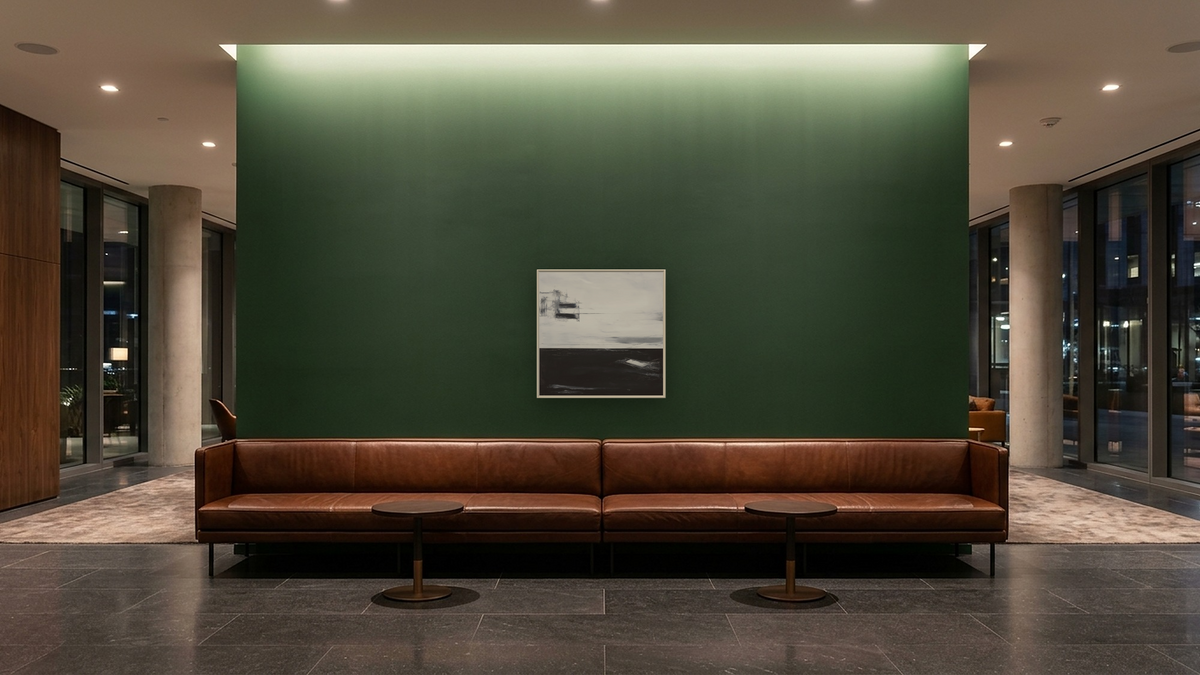LS No. 244 by Brandon McKenzie, shown at 32 × 32 in (81.3 × 81.3 cm) on canvas in Ramino Opaque White, hotel lobby