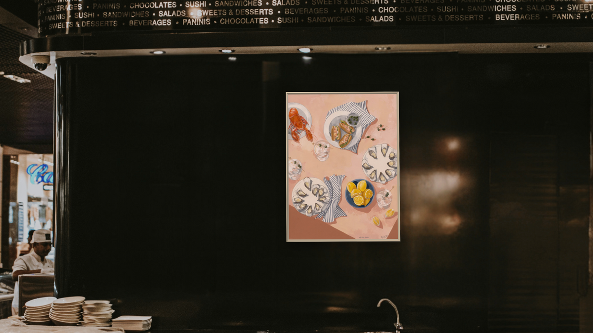 Lifes Little Luxuries by Catherine Gerke, shown at 30 × 40 in (76.2 × 101.6 cm) on canvas in Ramino Opaque White, restaurant
