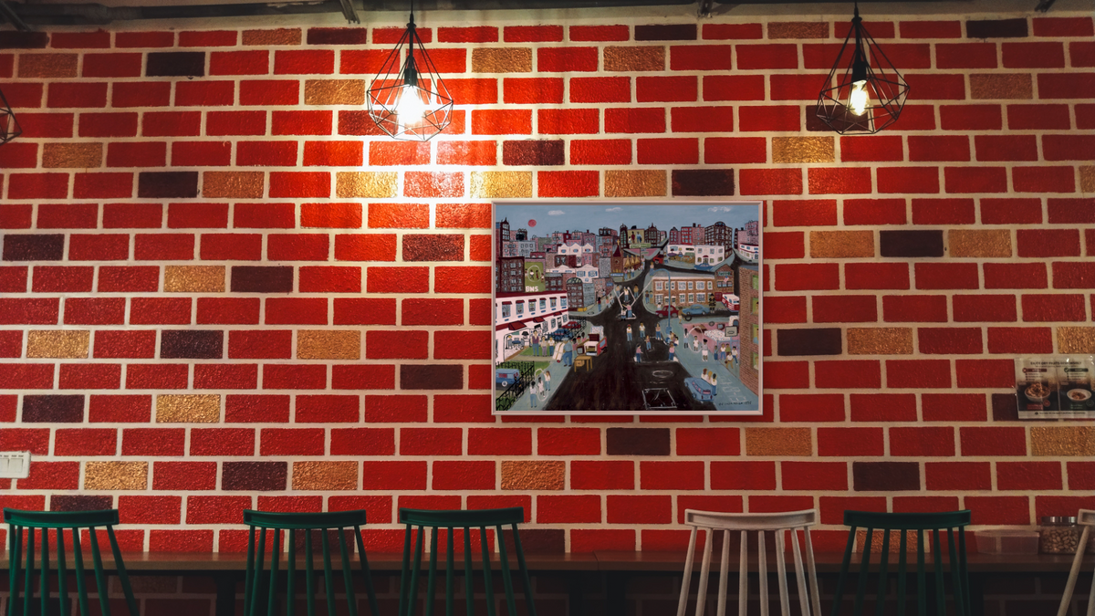 South Bronx Rebirth by Ralph Fasanella, shown at 30 × 40 in (76.2 × 101.6 cm) on canvas in Ramino Opaque White, restaurant