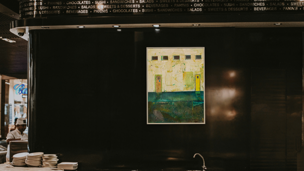 Echo 1 by Dobee Snowber, shown at 30 × 40 in (76.2 × 101.6 cm) on canvas in Ramino Opaque White, restaurant