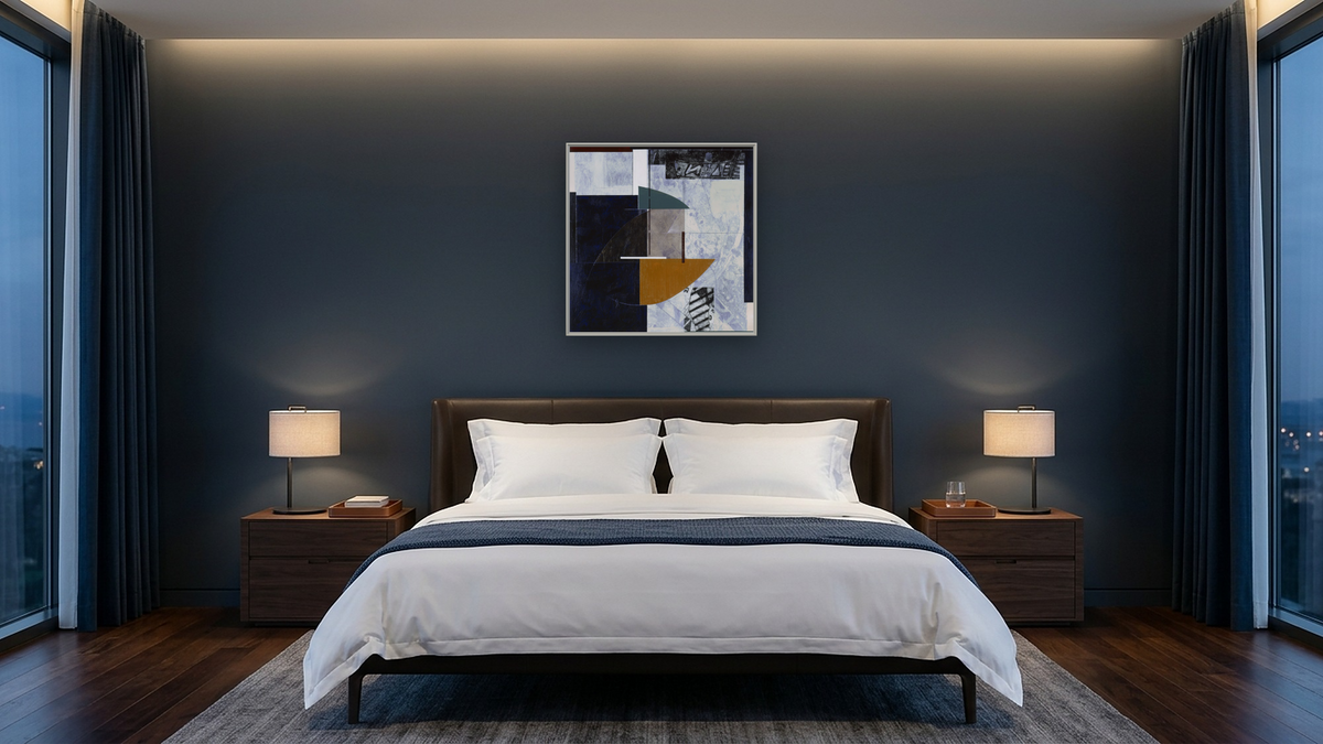 Piece Of History 1, shown at 32 × 32 in (81.3 × 81.3 cm) on canvas in Ramino Opaque White, hotel guest room