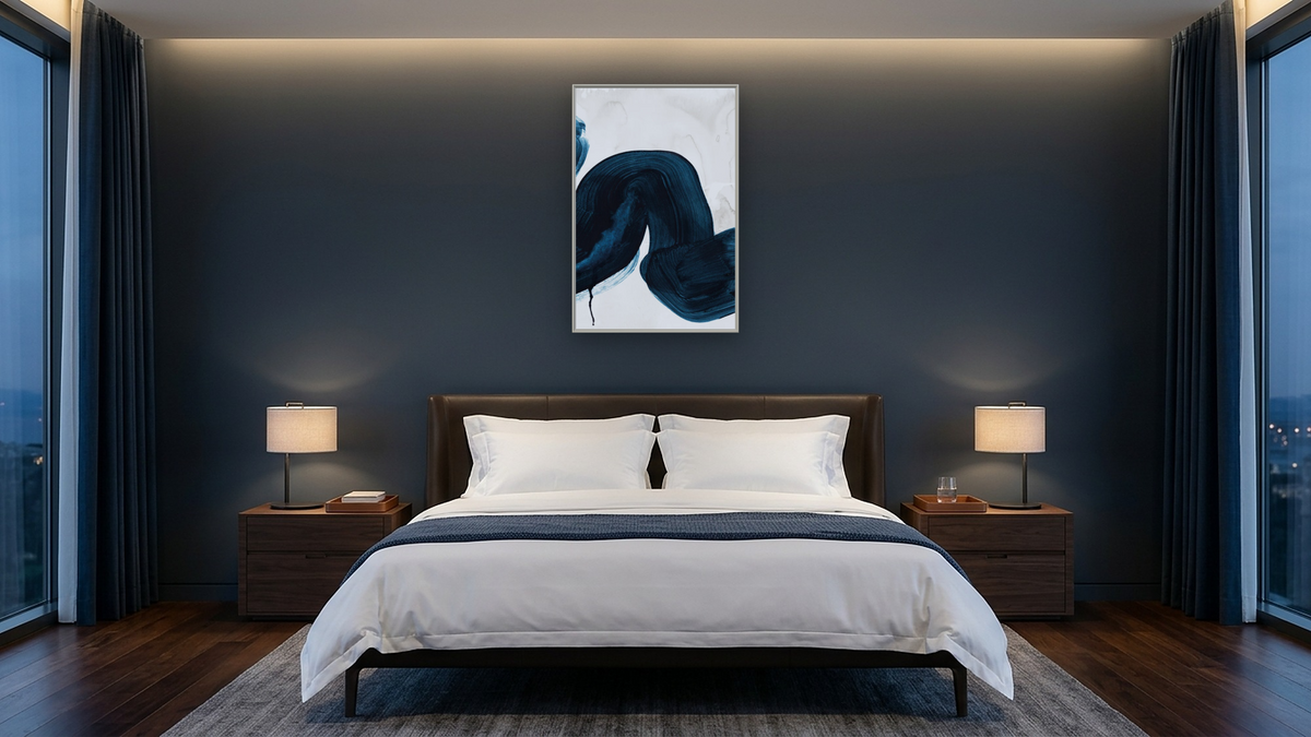 Brush Strokes 3 by Dan Hobday, shown at 28 × 42 in (71.1 × 106.7 cm) on canvas in Ramino Opaque White, hotel guest room